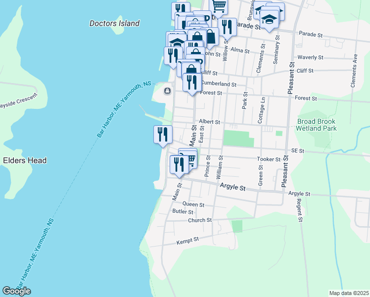 map of restaurants, bars, coffee shops, grocery stores, and more near 12 Porters Lane in Yarmouth