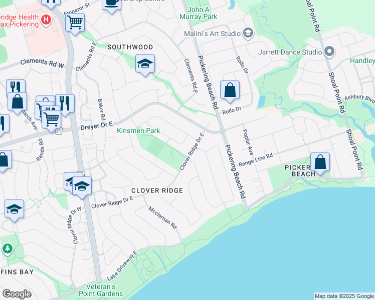 map of restaurants, bars, coffee shops, grocery stores, and more near 140 Clover Ridge Drive East in Ajax