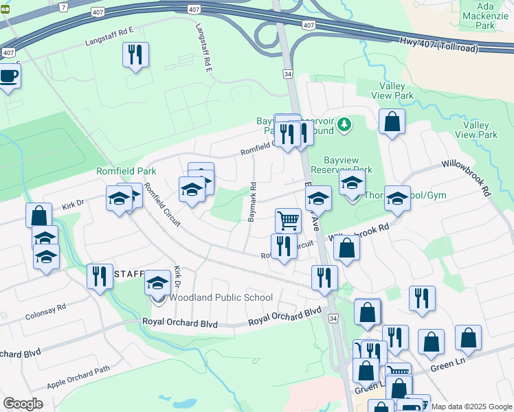 map of restaurants, bars, coffee shops, grocery stores, and more near 1 Dunsinane Drive in Markham