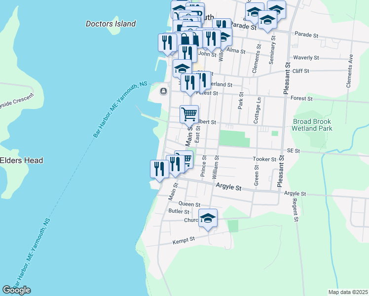 map of restaurants, bars, coffee shops, grocery stores, and more near 148 Main Street in Yarmouth
