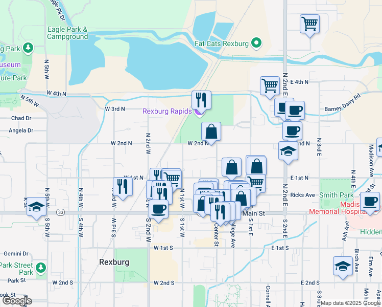 map of restaurants, bars, coffee shops, grocery stores, and more near 160 North 1st East in Rexburg