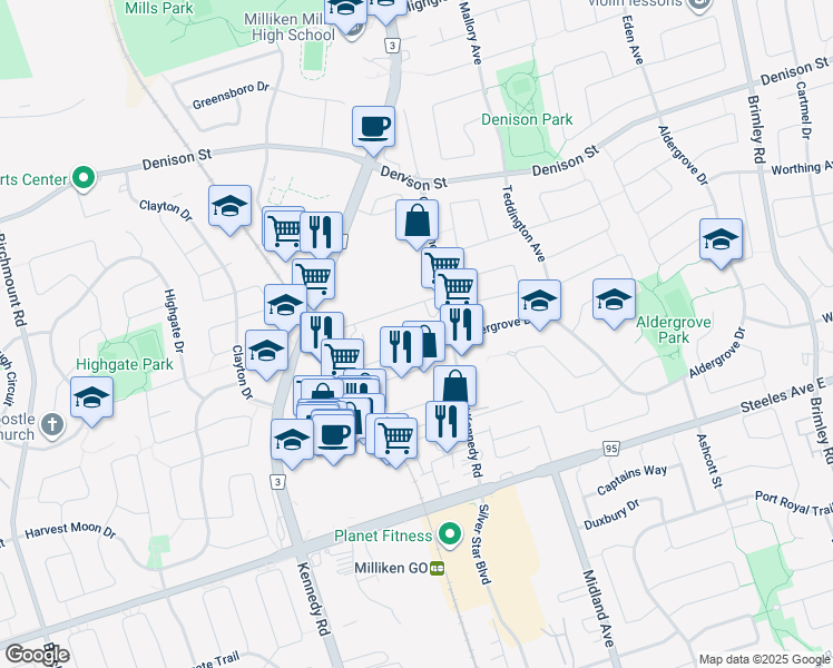 map of restaurants, bars, coffee shops, grocery stores, and more near 186 Old Kennedy Road in Markham