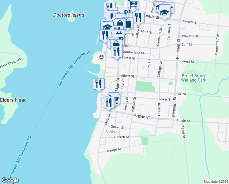 map of restaurants, bars, coffee shops, grocery stores, and more near 148 Main Street in Yarmouth