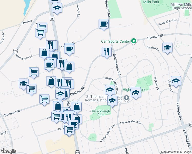 map of restaurants, bars, coffee shops, grocery stores, and more near in Markham
