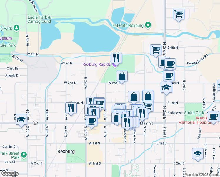 map of restaurants, bars, coffee shops, grocery stores, and more near 160 North 1st East in Rexburg