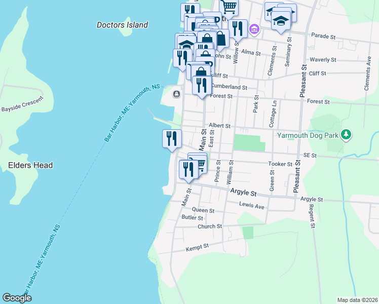 map of restaurants, bars, coffee shops, grocery stores, and more near 10 Porters Lane in Yarmouth