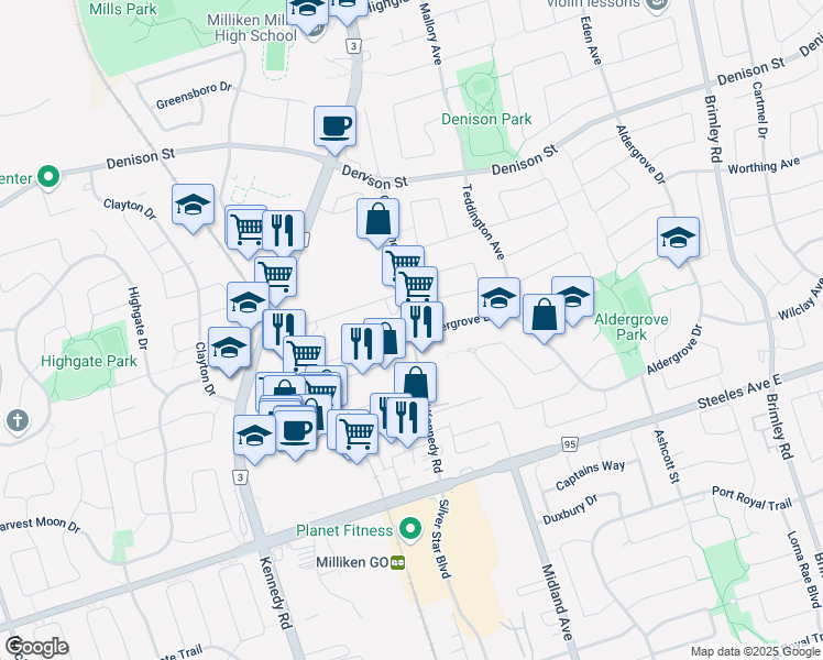 map of restaurants, bars, coffee shops, grocery stores, and more near Old Kennedy Road in Markham