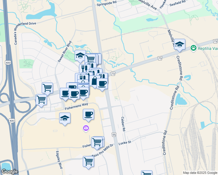 map of restaurants, bars, coffee shops, grocery stores, and more near in Vaughan