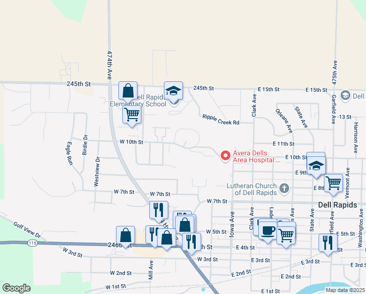 map of restaurants, bars, coffee shops, grocery stores, and more near 174 West 10th Street in Dell Rapids