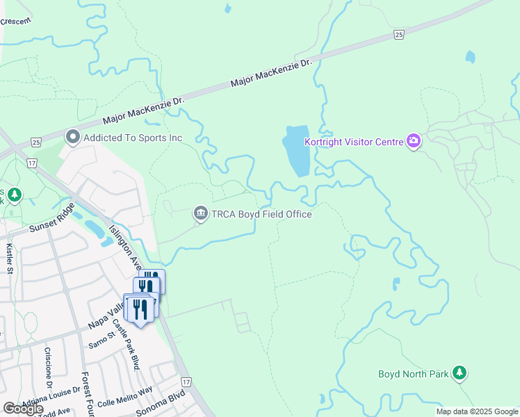 map of restaurants, bars, coffee shops, grocery stores, and more near William Granger Greenway in Vaughan