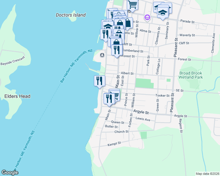 map of restaurants, bars, coffee shops, grocery stores, and more near 10 Porters Lane in Yarmouth