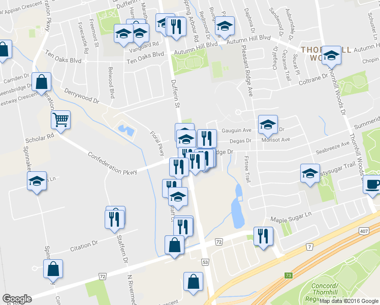 map of restaurants, bars, coffee shops, grocery stores, and more near 18 Summeridge Drive in Vaughan