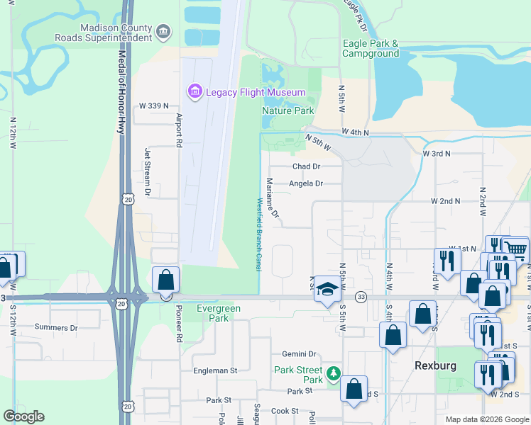 map of restaurants, bars, coffee shops, grocery stores, and more near 139 Marianne Drive in Rexburg