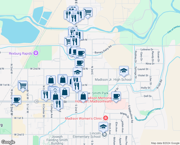 map of restaurants, bars, coffee shops, grocery stores, and more near 173 North 3rd East in Rexburg