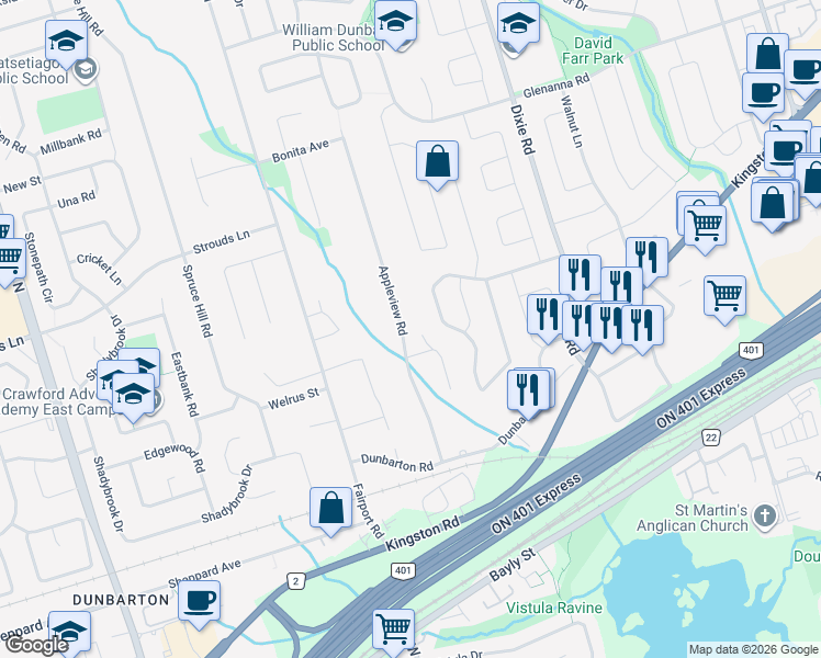 map of restaurants, bars, coffee shops, grocery stores, and more near 1801 Appleview Road in Pickering
