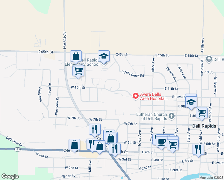 map of restaurants, bars, coffee shops, grocery stores, and more near 174-198 W 10th St in Dell Rapids