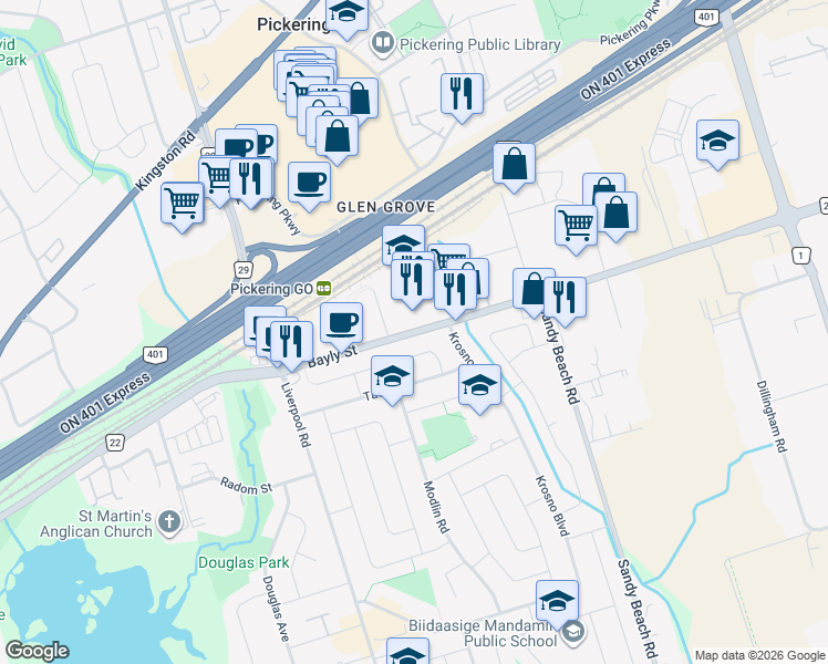 map of restaurants, bars, coffee shops, grocery stores, and more near Bayly Street in Pickering