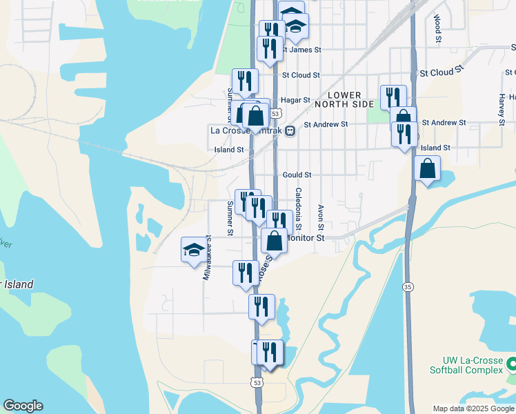 map of restaurants, bars, coffee shops, grocery stores, and more near 226 Copeland Avenue in La Crosse