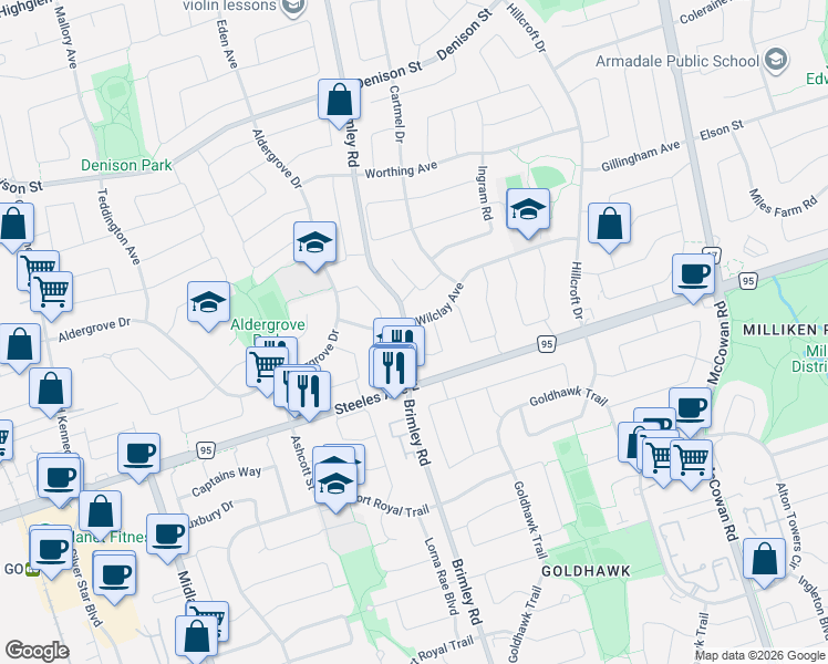 map of restaurants, bars, coffee shops, grocery stores, and more near 1 Wilclay Avenue in Markham