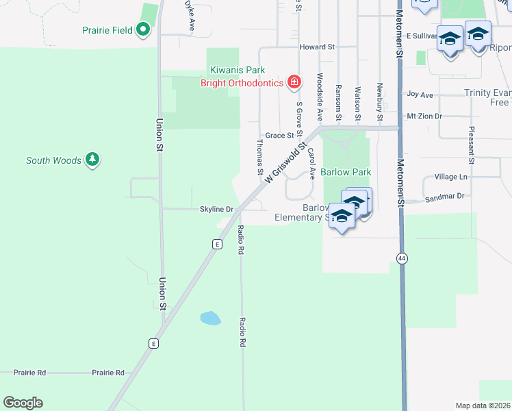 map of restaurants, bars, coffee shops, grocery stores, and more near 511 West Griswold Street in Ripon