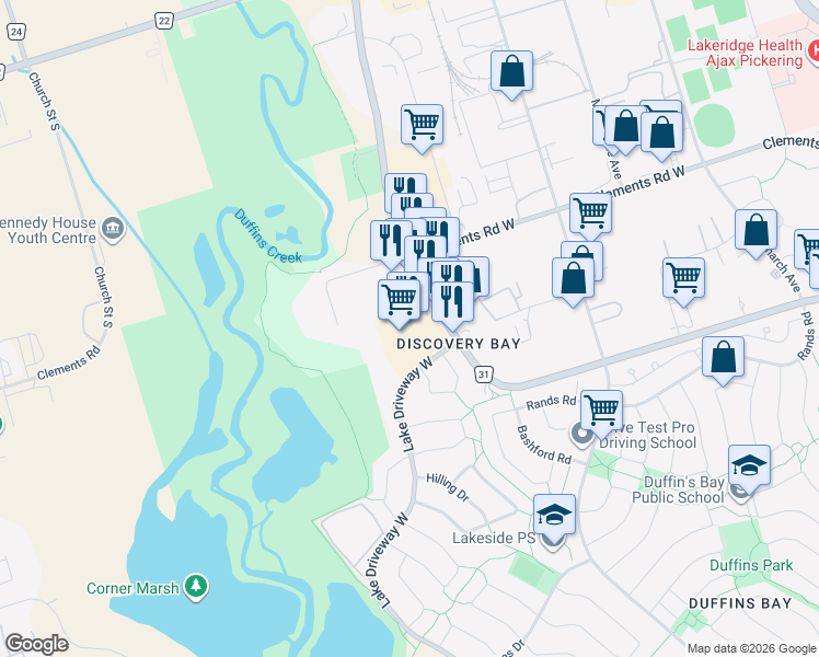 map of restaurants, bars, coffee shops, grocery stores, and more near 570 Westney Road South in Ajax