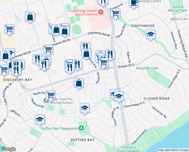 map of restaurants, bars, coffee shops, grocery stores, and more near 16 Medley Lane in Ajax