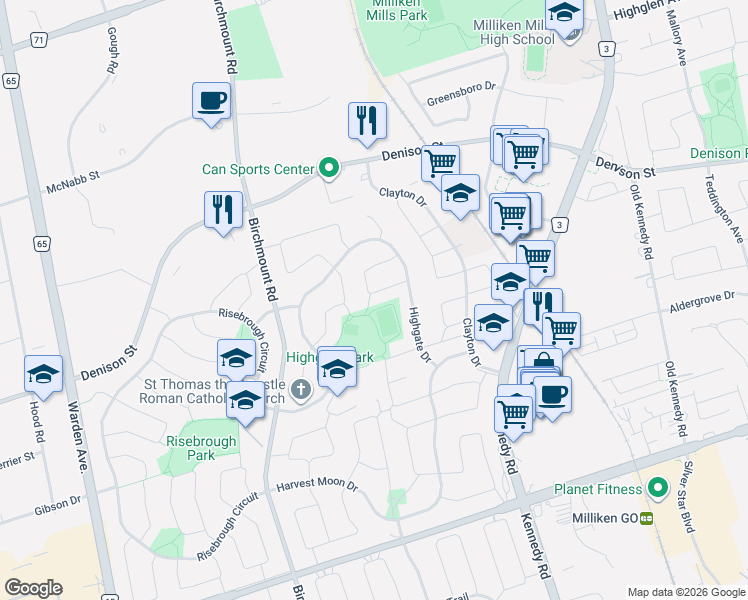 map of restaurants, bars, coffee shops, grocery stores, and more near 54 Tiffany Crescent in Markham