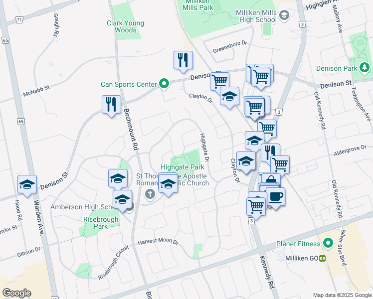 map of restaurants, bars, coffee shops, grocery stores, and more near 54 Tiffany Crescent in Markham