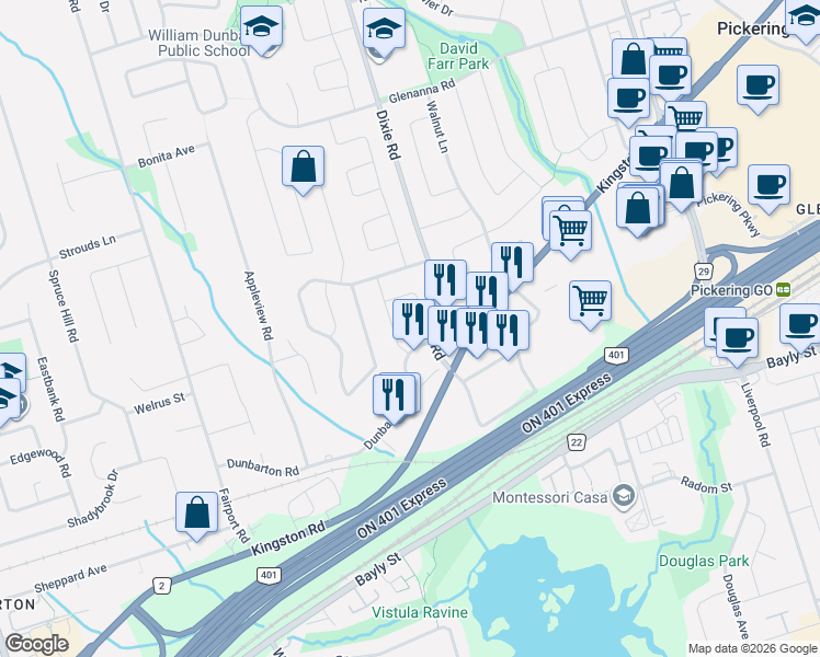 map of restaurants, bars, coffee shops, grocery stores, and more near 1009 Meadowridge Crescent in Pickering