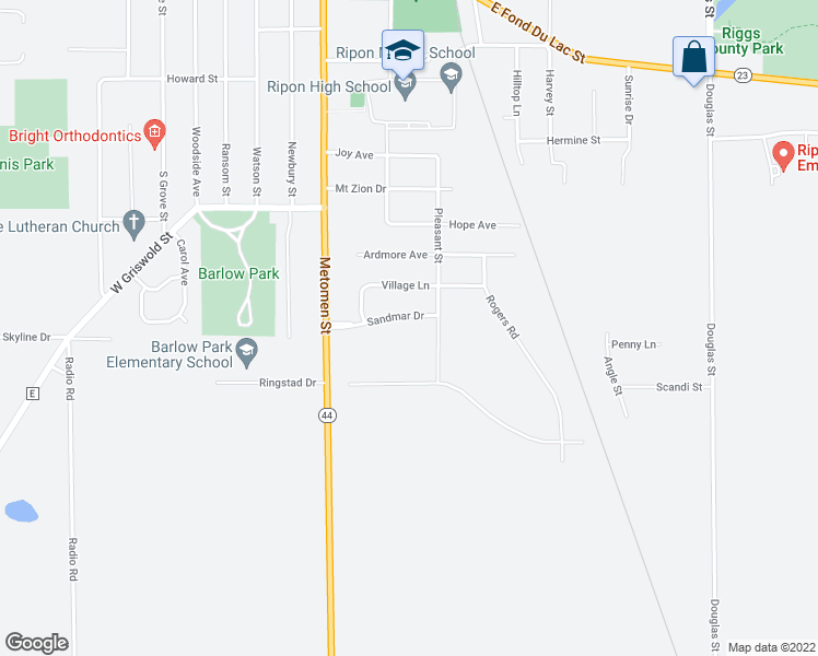 map of restaurants, bars, coffee shops, grocery stores, and more near 429 Sandmar Drive in Ripon