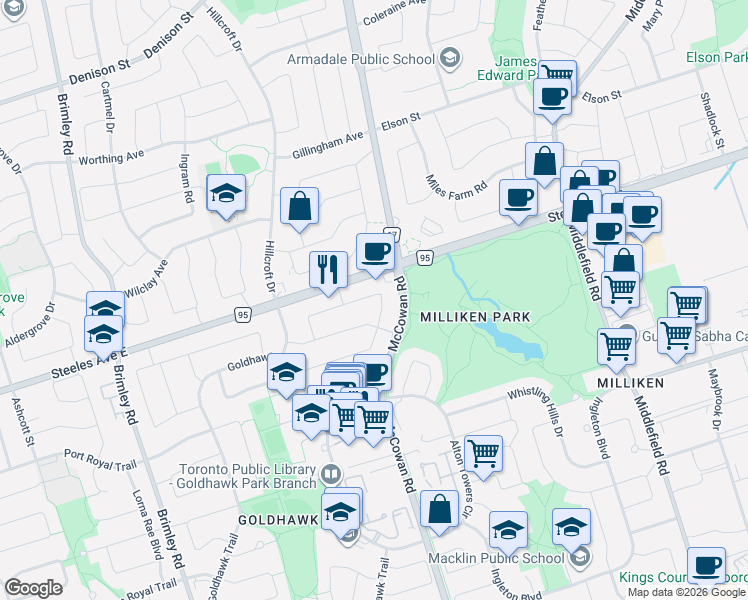 map of restaurants, bars, coffee shops, grocery stores, and more near 116 Enchanted Hills Crescent in Toronto