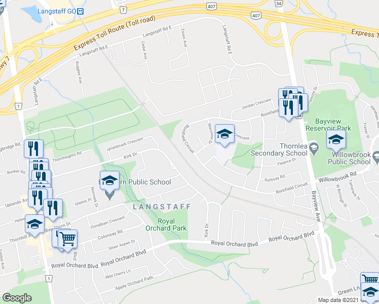 map of restaurants, bars, coffee shops, grocery stores, and more near 131 Romfield Circuit in Markham
