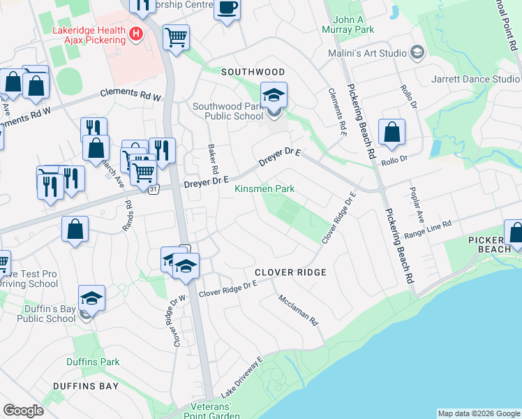 map of restaurants, bars, coffee shops, grocery stores, and more near 45 Bryant Road in Ajax