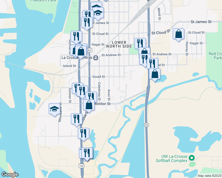 map of restaurants, bars, coffee shops, grocery stores, and more near 232 Avon Street in La Crosse