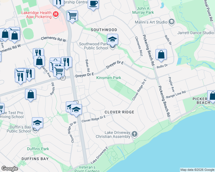 map of restaurants, bars, coffee shops, grocery stores, and more near 45 Bryant Road in Ajax