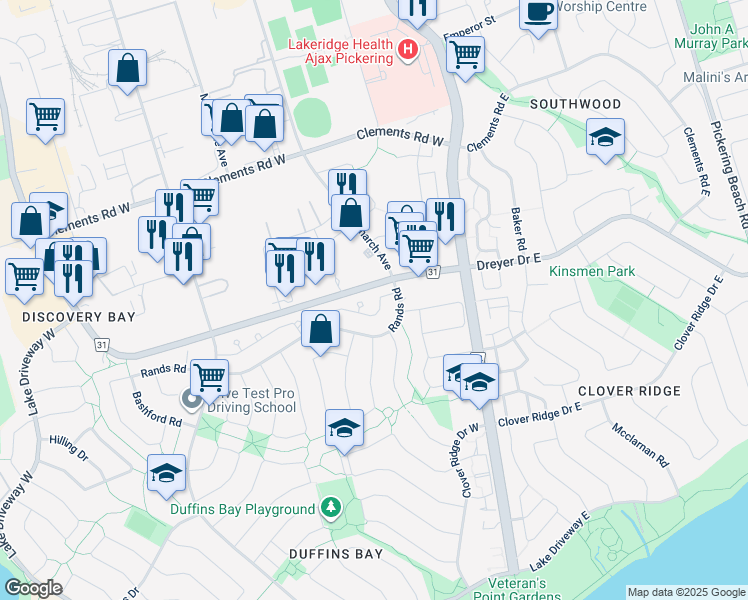 map of restaurants, bars, coffee shops, grocery stores, and more near 16 Medley Lane in Ajax