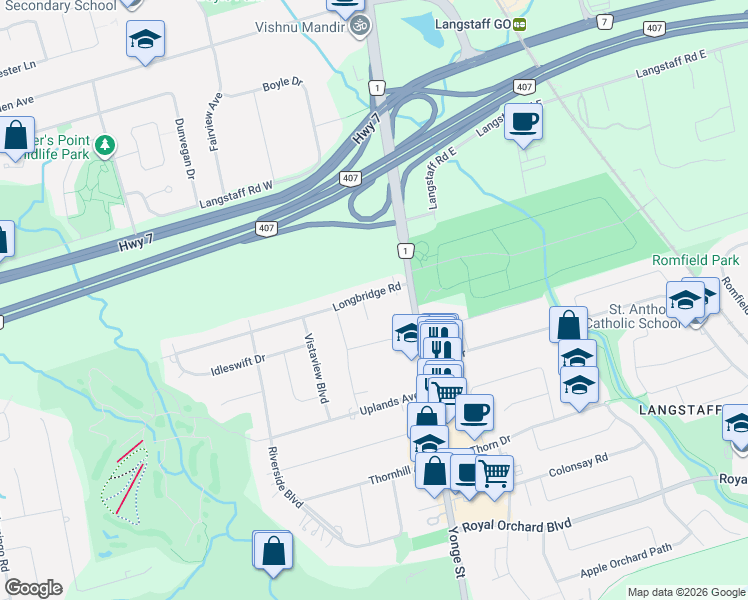 map of restaurants, bars, coffee shops, grocery stores, and more near 7 Longbridge Road in Vaughan