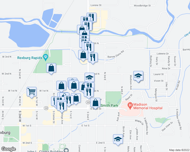 map of restaurants, bars, coffee shops, grocery stores, and more near 230 East 2nd North in Rexburg