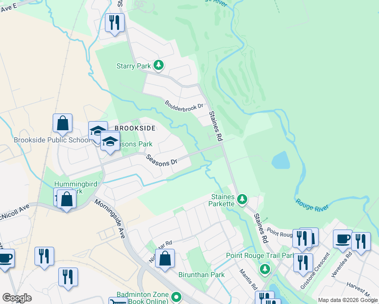 map of restaurants, bars, coffee shops, grocery stores, and more near 110 Seasons Drive in Toronto