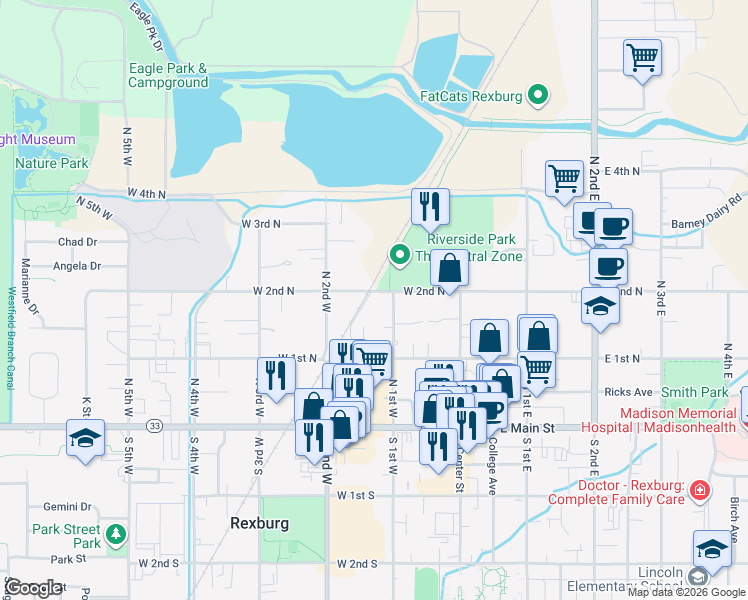 map of restaurants, bars, coffee shops, grocery stores, and more near 119 West 2nd North in Rexburg