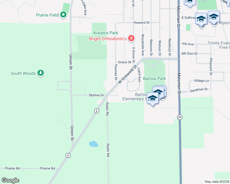 map of restaurants, bars, coffee shops, grocery stores, and more near 511 West Griswold Street in Ripon