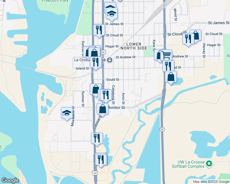 map of restaurants, bars, coffee shops, grocery stores, and more near 232 Caledonia Street in La Crosse
