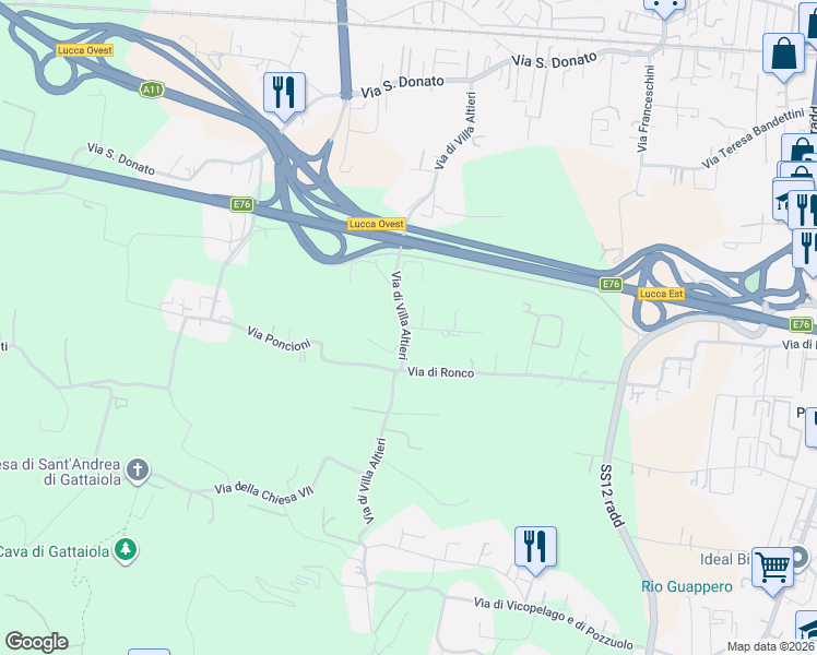 map of restaurants, bars, coffee shops, grocery stores, and more near 37 Via Casette in Lucca