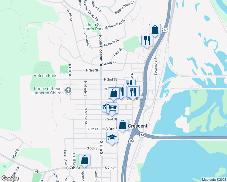 map of restaurants, bars, coffee shops, grocery stores, and more near 405 North 1st Street in La Crescent