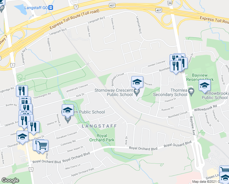 map of restaurants, bars, coffee shops, grocery stores, and more near 133 Romfield Circuit in Markham