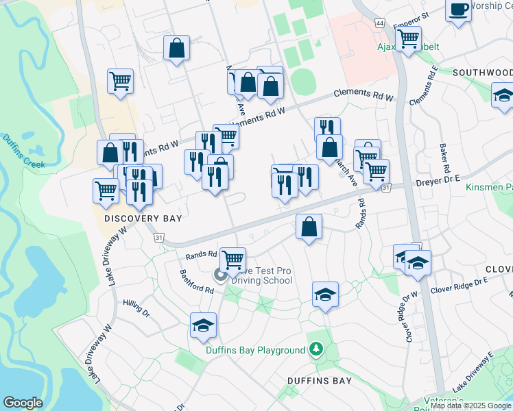 map of restaurants, bars, coffee shops, grocery stores, and more near in Ajax