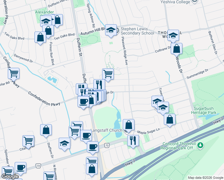 map of restaurants, bars, coffee shops, grocery stores, and more near 582 Summeridge Drive in Vaughan