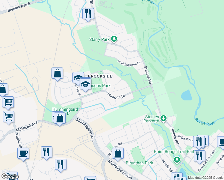 map of restaurants, bars, coffee shops, grocery stores, and more near 8 Grapevine Circle in Toronto
