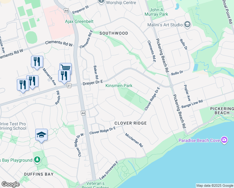 map of restaurants, bars, coffee shops, grocery stores, and more near 47 Bryant Road in Ajax