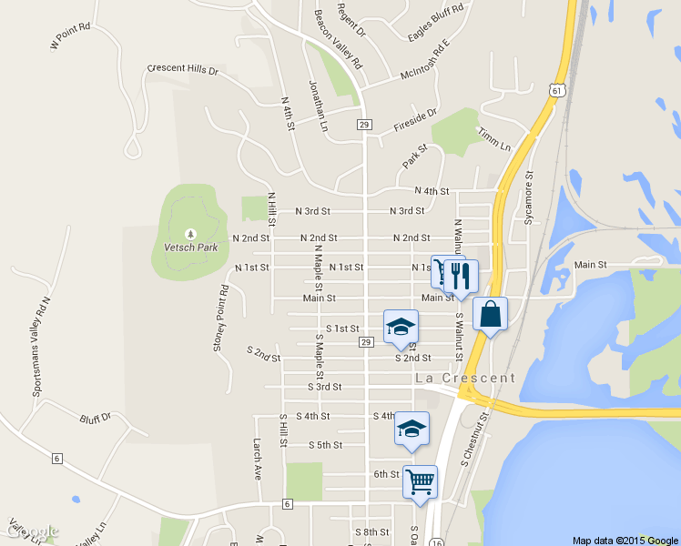 map of restaurants, bars, coffee shops, grocery stores, and more near 523 North 1st Street in La Crescent